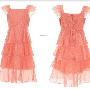Girls 7-9 Tiered-Ruffle Chiffon Midi Dress in Coral / Ivory dot.
